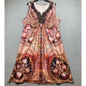 Oneworld Midi Dress Women's Plus 3X Brown Medallion Sleeveless Stretch Babydoll